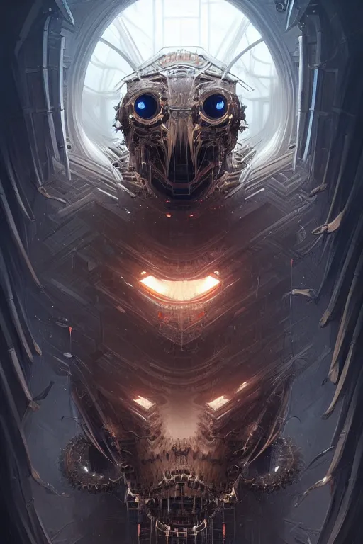 Image similar to professional concept art symmetric portrait of a terrifying! mechanical! predatory fractal! species in a dark room by artgerm and greg rutkowski. an intricate, elegant, highly detailed digital painting, concept art, smooth, sharp focus, illustration, in the style of cam sykes.