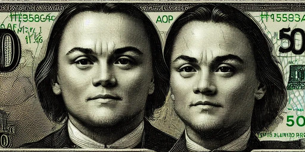 Prompt: 5 0 dollar bill with the face of leonardo di caprio, high details