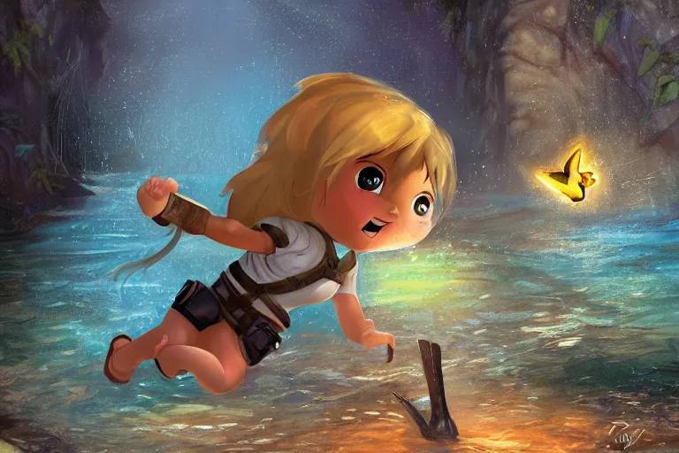 Prompt: wide shot of obese Chibi derpy Lara Croft climbing out of a roaring ancient river, fireflies by Lilia Alvarado