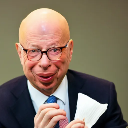 Image similar to a press photo of Klaus Schwab of the world economic forum eating bugs and other insects, horrible, 8k