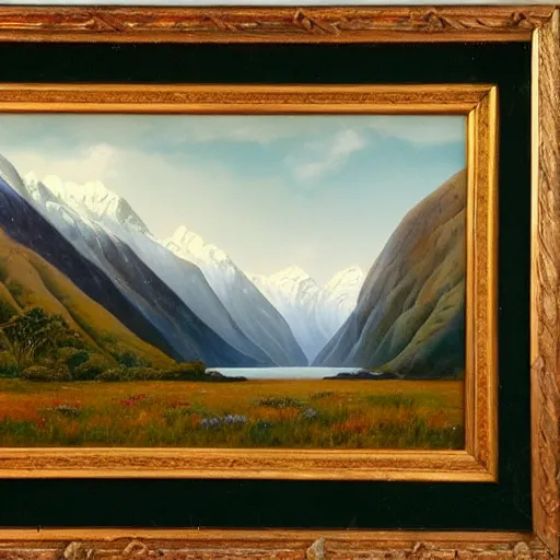 Image similar to John Gully romantic landscape painting of fiordland.