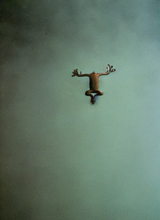 Prompt: semi translucent smiling frog amphibian hovering over misty lake in Jesus Christ pose, cinematic shot by Andrei Tarkovsky, paranormal, spiritual, mystical