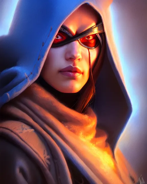 Prompt: ana from overwatch, blue hooded cloak, eye patch, character portrait, portrait, close up, highly detailed, intricate detail, amazing detail, sharp focus, vintage fantasy art, vintage sci - fi art, radiant light, caustics, by boris vallejo