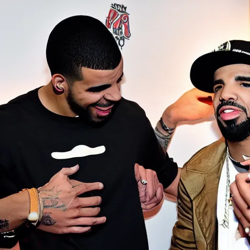 Prompt: a paparazzi photo of the rapper Drake shaking another Drake’s hand