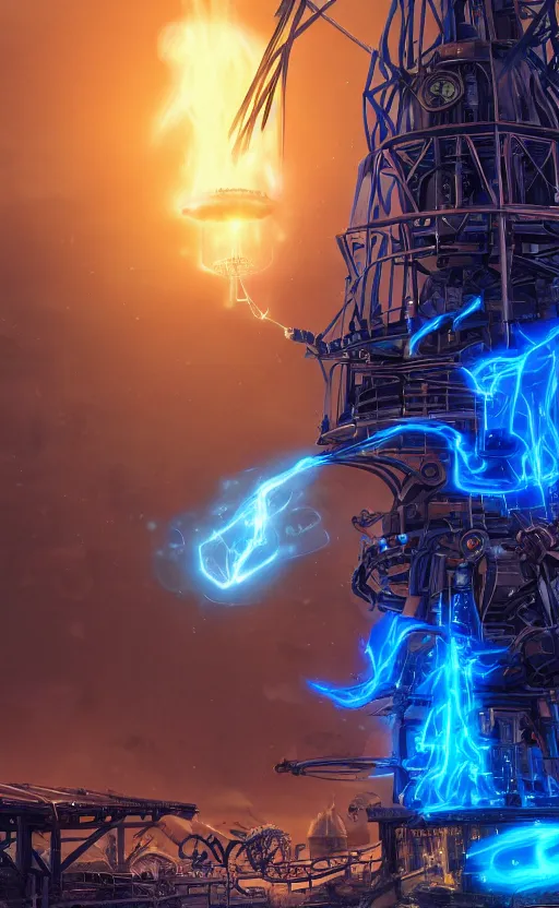 Image similar to a steampunk windmill spinning fast, robot, blue fire, ash, electricity lightning, soft, concept art, sharp focus, intricate details, highly detailed, photorealistic, disney pixar, octane render, iridescent, anime, 8 k