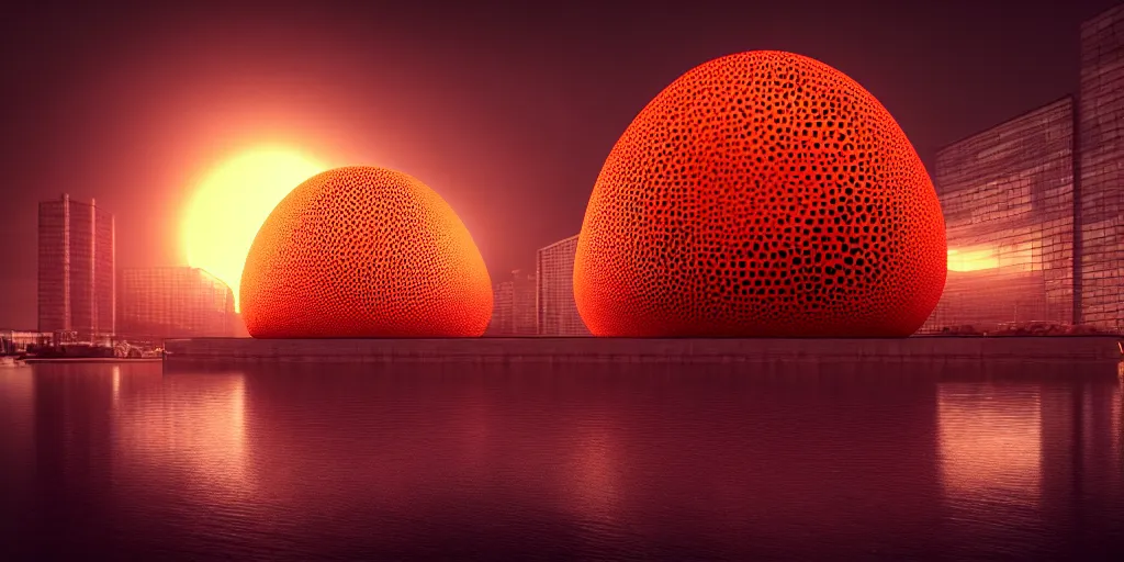 Image similar to An epic architectural rendering of a blob shaped trypophobia house with a mysterious red glow emitting from inside in a modern cityscape next to a river, stunning, gorgeous, golden ratio, photorealistic, featured on artstation, 4k resolution