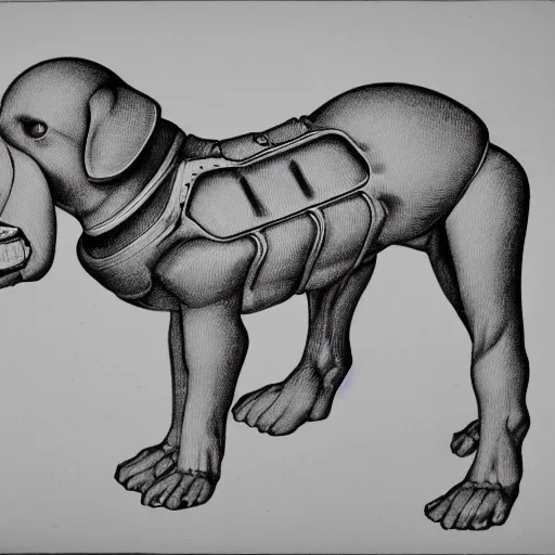 Image similar to anatomical drawing of a dog robot, with organs labeled