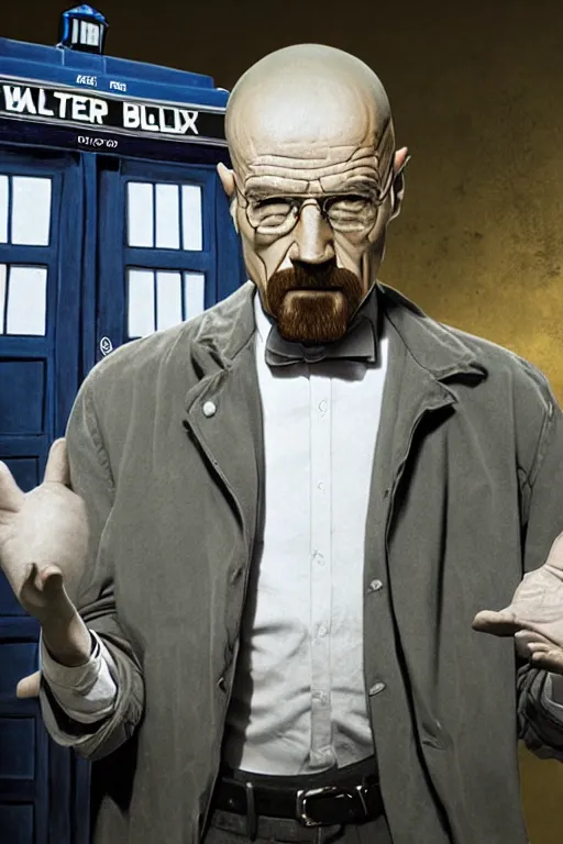 Image similar to walter white and the tardis, photorealistic, highly detailed,