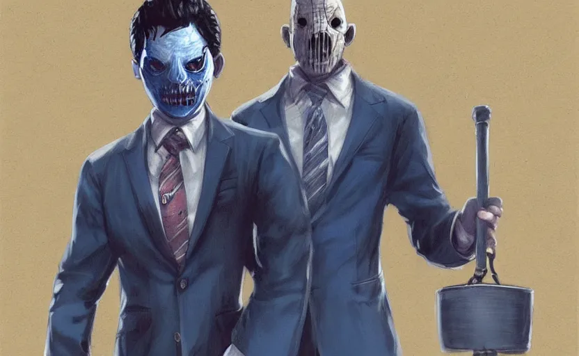 Prompt: a dead by daylight killer lawyer wearing a blue business suit with gavel hammer hands, character portrait, by krenz cushart