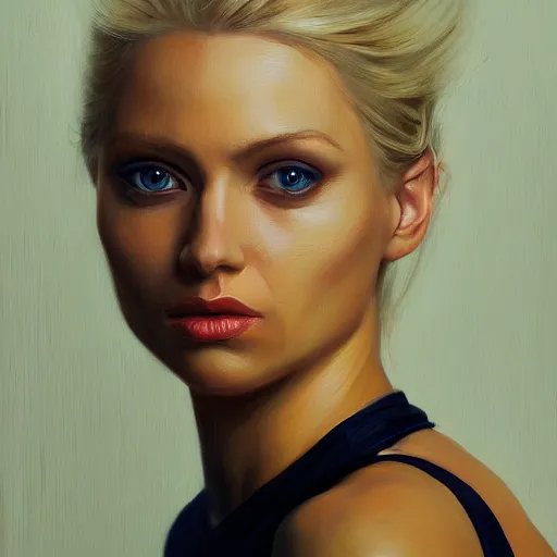 Prompt: a portrait of a blonde woman with strong features, dramatic lighting, oil painting, pale colors, high detail, 8 k, wide angle, trending on artstation,