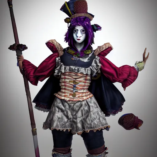 Image similar to full body photo beautiful jester rogue, highly detailed, 4k, HDR, smooth, sharp focus, hyper realistic, high resolution, award-winning photo