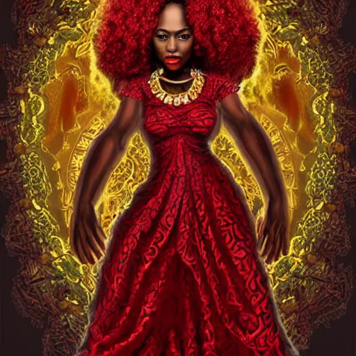 Prompt: Curly haired african priestess wearing a red hat, wild hair, in a beautiful flowing red dress surrounded by flames, clothes, intricate hellish decoration on the dress, on the background of an ancient cathedral, Designer clothes, intricate, elegant, highly detailed, digital painting, artstation, concept art, matte, sharp focus, illustration, art by Artgerm and Greg Rutkowski and Alphonse Mucha, 8k