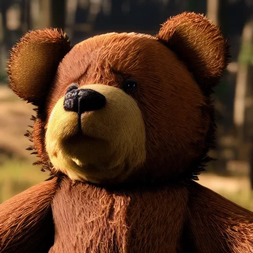 Prompt: Film still of a teddy bear, from Red Dead Redemption 2 (2018 video game)