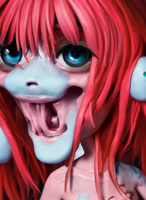 Prompt: a dramatic emotional hyperrealistic pop surrealist oil panting of a sad sobbing grotesque kawaii vocaloid figurine caricature sobbing red in the face uglycrying with tears and snot featured on spitting image by passarotti made of badballs, 😭🤮 💔