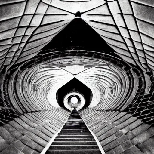 Image similar to collapsing tunnels cascading into echoes of octagon patterns, stuttering squares, staircases that go to infinity, reflection pool, dreamscape, lost, x - files, giger, escher, loish, twilight zone, chaos, mtg, labyrinthine, maze