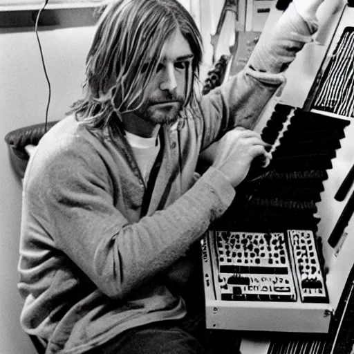 Image similar to kurt cobain playing a modular synthesizer with colorful wires