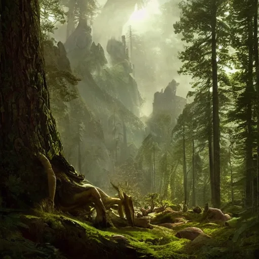 Image similar to a giant creature towering over the forest, 8 k octane beautifully detailed render, post - processing, extremely hyper - detailed, intricate, epic composition, cinematic lighting, masterpiece, trending on artstation, masterpiece, stunning art by anders zorn, wonderful masterpiece by greg rutkowski, beautiful cinematic