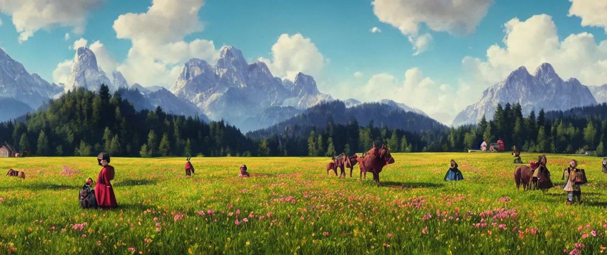 Image similar to a ultra photorealistic and sharp film still of an a sunny and colourful open field in 1 9 0 0 in the middle of the bavarian alps, germany. wide shot, wes anderson, studio ghibli, pixar and disney animation, octane render, anime key art by greg rutkowski, dramatic lighting, award winning photography