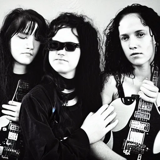 Image similar to Group of 19-year-old women holding electric guitars, long shaggy hair, stoner rock, punk rock, grunge rock, alternative rock, noise rock, Subpop, grunge, band promo photo, 1991 photograph