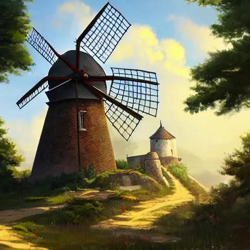 Image similar to concept art painting of a historic windmill with european and japanese architecture, in a small medieval village surrounded by trees, in a mountain valley, realistic, detailed, cel shaded, in the style of makoto shinkai and greg rutkowski and james gurney