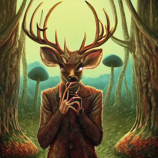 Image similar to 4 k headshot portrait of a psychedelic demonic anthropomorphic deer - horned wendigo smoking a hand - rolled cigarette smoking heavily, magic mushroom village in background. award winning. superb resolution. in the art style of junji ito and greg rutkowski. detailed mushroom city in background. hyper realistic anime. perfect art. dalle 2