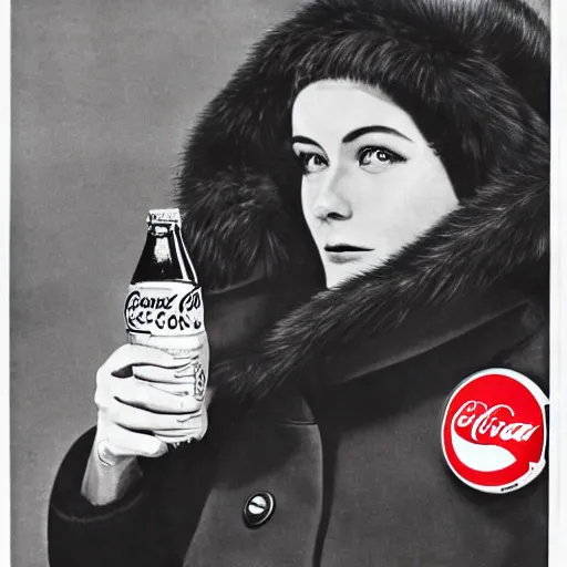 Prompt: a beautifully detailed image of a woman in a parka drinking a bottle of coke, constructivist, russian, soviet advertisement, 1 9 6 0's