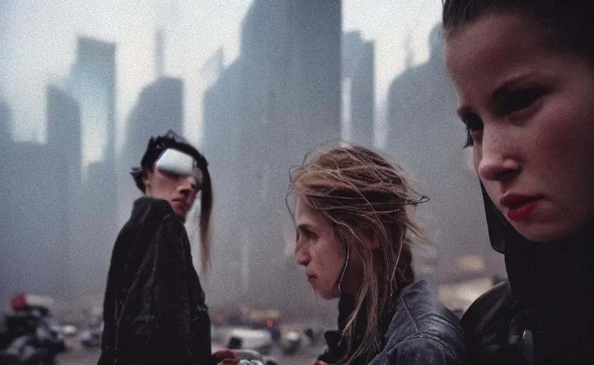 Image similar to cinestill 5 0 d photographic portrait by helen levitt of a white and mixed female android adult couple wearing rugged black techwear in a brilliant cyberpunk city, extreme closeup, modern cyberpunk, dust storm, 8 k, hd, high resolution, 3 5 mm, f / 3 2, ultra realistic faces, intricate detail, ex machina