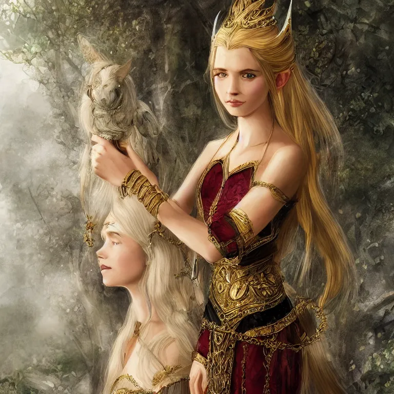 Prompt: a fantasy portrait of a beautiful noble elf princess with blonde hair and regal jewellry by bowater, charlie