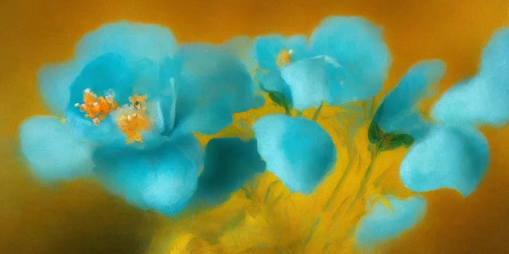 Image similar to a beautiful turquoise flower, the background is blurred, the light comes from behind, in the style of Aivazovsky's paintings, luxury, high quality, realism, golden ratio