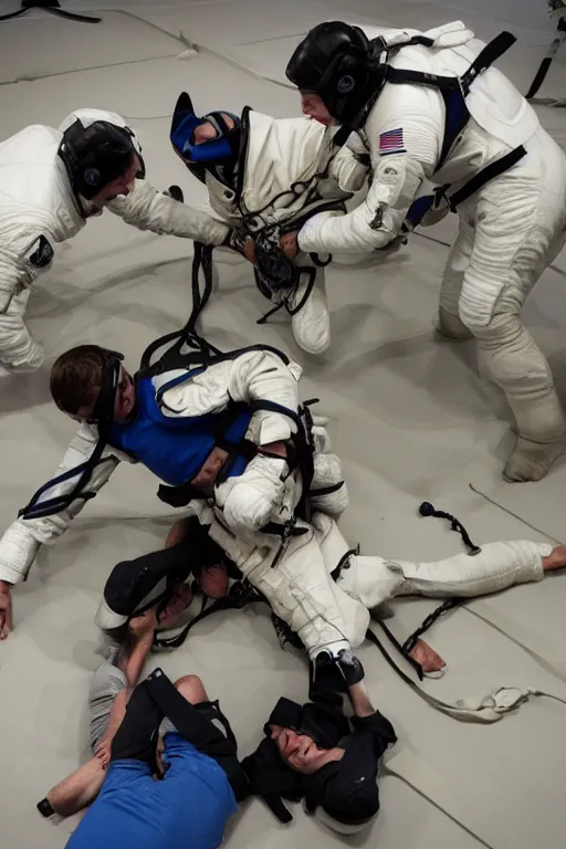 Image similar to horse wrestles astronaut pilot spaceman on all fours on hands and knees in grappling in closed guard on mount position