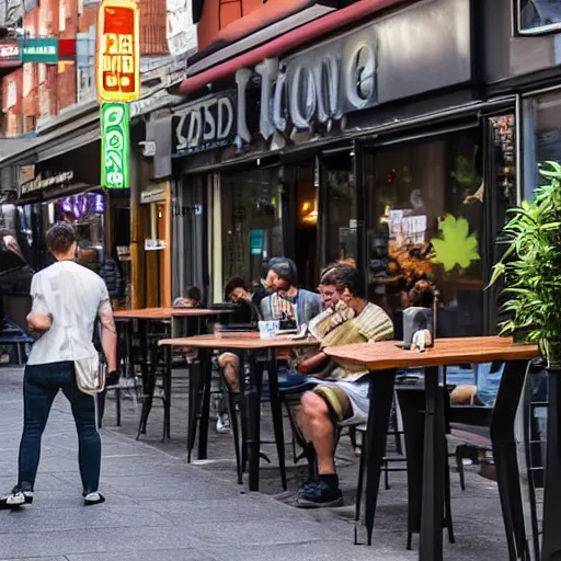 Prompt: legal cannabis is served in a busy australian cafe cbd street photography