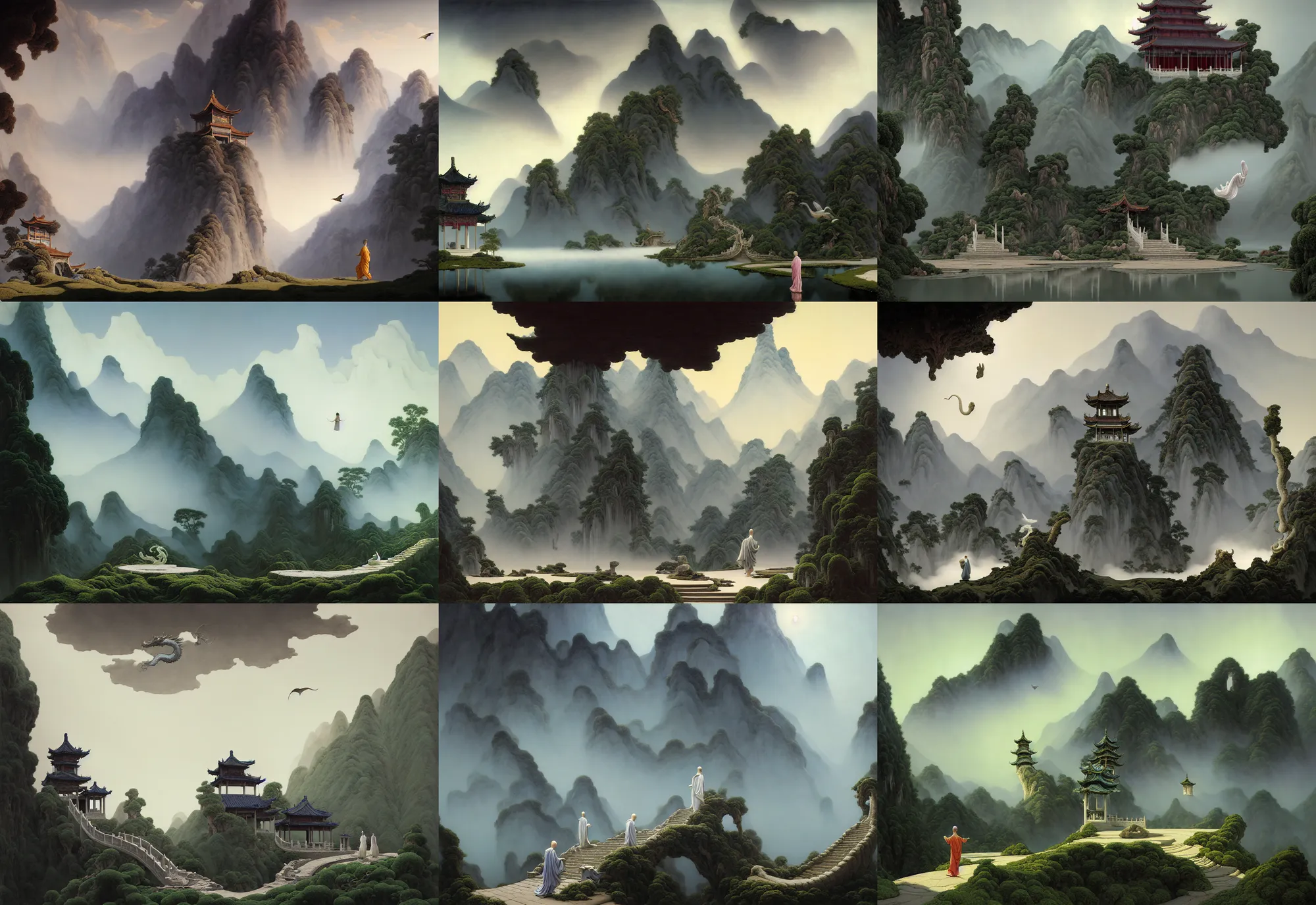 Prompt: a gorgeous landscape painting by barlowe wayne, maxfield parrish and marco mazzoni. an abandoned chinese temple. a ultra long chinese white dragon is flying through the clouds and mist among the mountains. birds. light effect. a lonely chinese grey blue monk walks on the winding stone steps, 3 d, octane render, turbulent blood lake, 8 k.