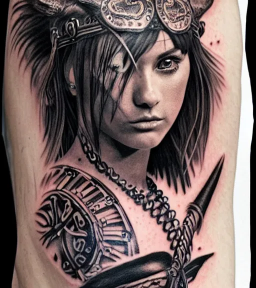 Image similar to tattoo design of a hyper realistic beautiful girl warrior, hyper detailed, in the design of eliot kohek, on white background