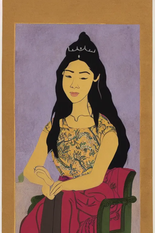 Image similar to portrait by tara phillips of a beautiful young asian woman with shoulder length hair and strong facial bone structure, queen and ruler of the universe, sitting on her throne, men kneeling at her feet
