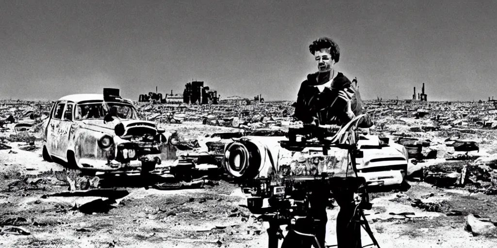 Image similar to portrait of irradiated post apocalyptic nuclear wasteland 1950s future black and white award winning photo highly detailed Arriflex 35 II, lighting by stanley kubrick