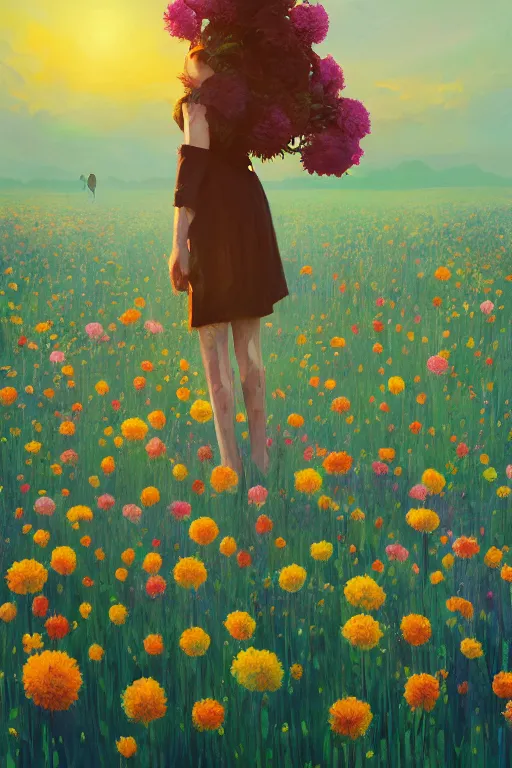 Prompt: closeup, giant flower head, girl in suit standing in a field of flowers, surreal photography, sunrise, blue sky, dramatic light, impressionist painting, digital painting, artstation, simon stalenhag