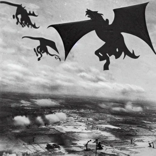 Prompt: lack and white photo Dragons in Battle of Kursk WWII, dragons flying in the sky