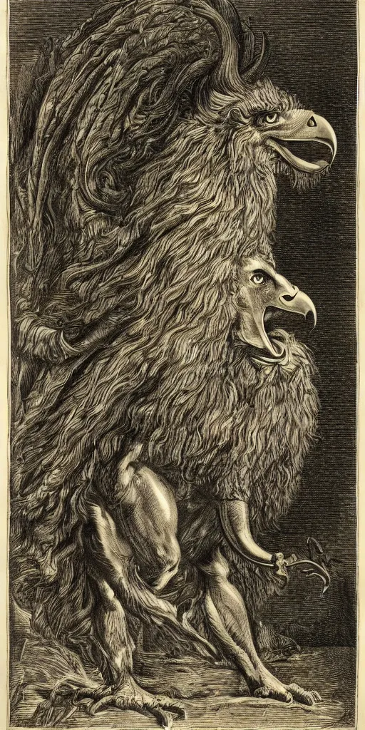 Image similar to a creature with the body and eyes of a man, with the beak of an eagle, the mane of a lion, and the horns of an ox. drawn by francis bacon