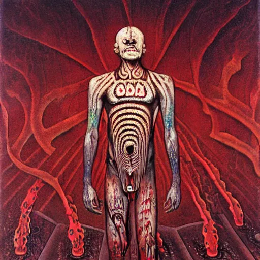 Image similar to lament configuration box floating above skinned bloody man in hell by clive barker, alex grey, lisa frank, beksinski