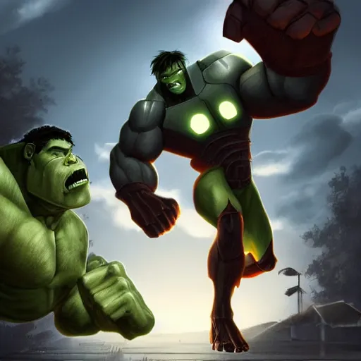 Prompt: epic battle between the iron giant and the incredible hulk, digital art, game art, character design, trending on artstation, ultra realistic, ultra detailed