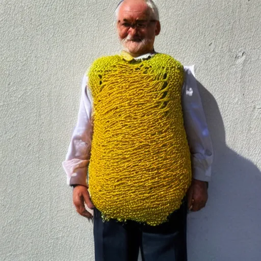 Prompt: man with shirt made out of knitted ramen noodles
