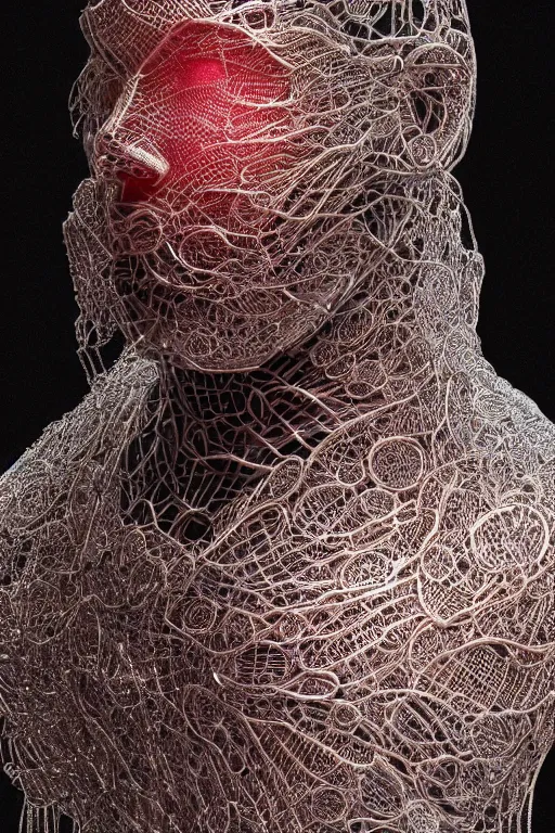 Prompt: a melancholic realistic 8k Sculpture of a complex robotic human face, liquid simulation, dramatic lighting, silver gold red details, hexagonal mesh wire, filigree intricate details, cinematic, fleshy musculature, white blossoms, elegant, octane render, art nouveau, 8k post-processing, intricate artwork by WLOP