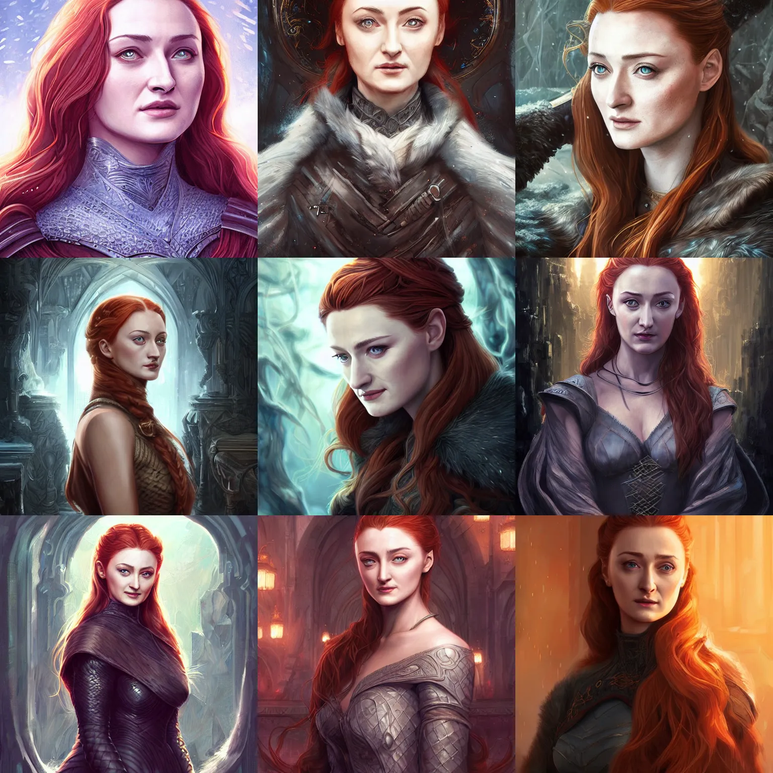 Prompt: a painting of sansa stark at age 5 0 by artgerm and ross tran, highly detailed digital art, intricate environment, atmospheric lighting, deviantart