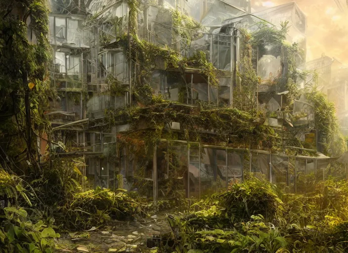 Prompt: overgrown foliage overtaking tall destroyed buildings, biopunk, scenery, professional, award - winning, trending on artstation, detailed, realistic, beautiful, emotional, shiny, golden, picture