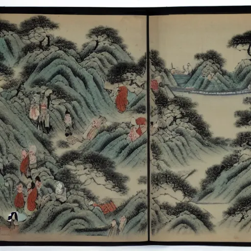 Image similar to Krusu's two-dimensional style, such as the thirty-six scenes of Fuyue painted by ukiyo, and the river on the Qingming Festival