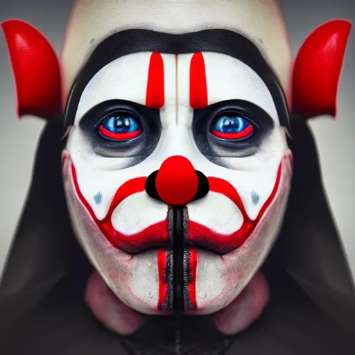 Prompt: photograph of clown darth vader hybrid, symmetrical front face portrait, by jean - baptiste monge, high quality, high resolution, 4 k, octane realphoto, raytrace, intricate, hyper detailed, hatd light studio lighting, dark background