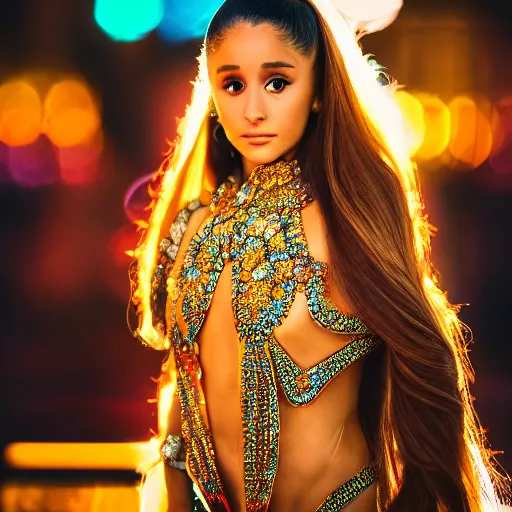 Prompt: Ariana Grande as a Greek Goddess, intricate, busy, bright on black, neon, dramatic, Sony a7R IV, symmetric balance, polarizing filter, Photolab, Lightroom, 4K, Dolby Vision, Photography Award