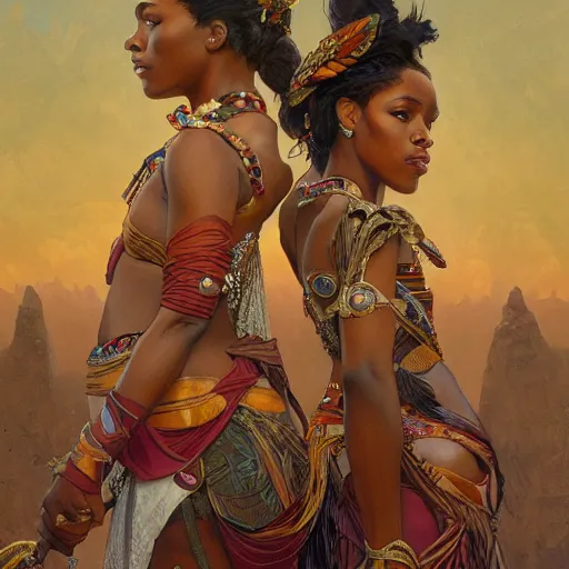 Prompt: three beautiful Zulu holding hands , intricate, elegant, highly detailed, digital painting, artstation, concept art, smooth, sharp, focus, illustration, art by artgerm and greg rutkowski and alphonse mucha