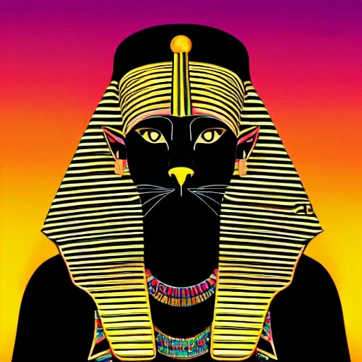 Image similar to A portrait of a black cat Pharaoh, wearing an Egyptian attire and a had, holding a staff, photorealistic digital art in a synthwave style