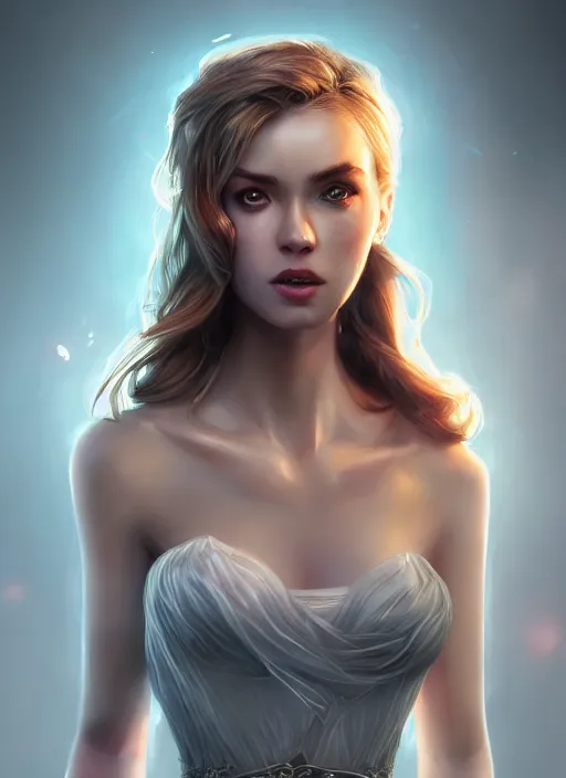 Image similar to beautiful fashion goddness, strapless dress, character portrait in the style of thomas river and artgerm, wlop, cinematic lighting, hyperdetailed, 8 k realistic, symmetrical, global illumination, radiant light, halo, love and mercy, frostbite 3 engine, cryengine, dof, trending on artstation, digital art, chanel